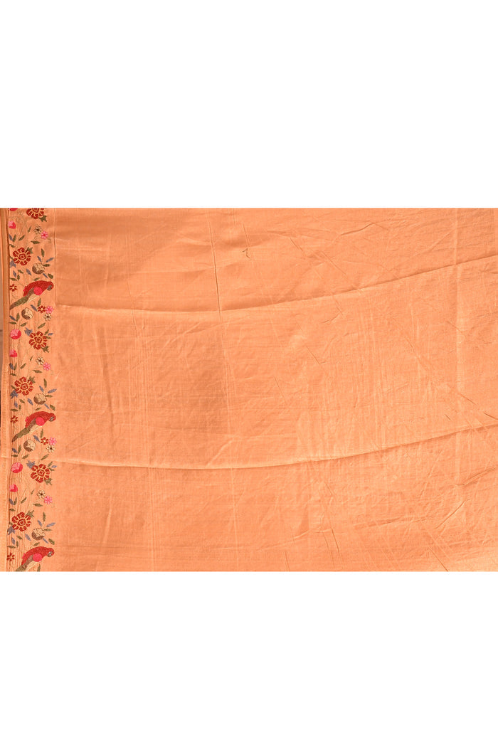 Coral Peach With All Over Checks And Floral, Birds Motif Border Designer Saree