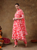Coral Pink Angrakha Style Georgette Anarkali Set With Tassel Accent