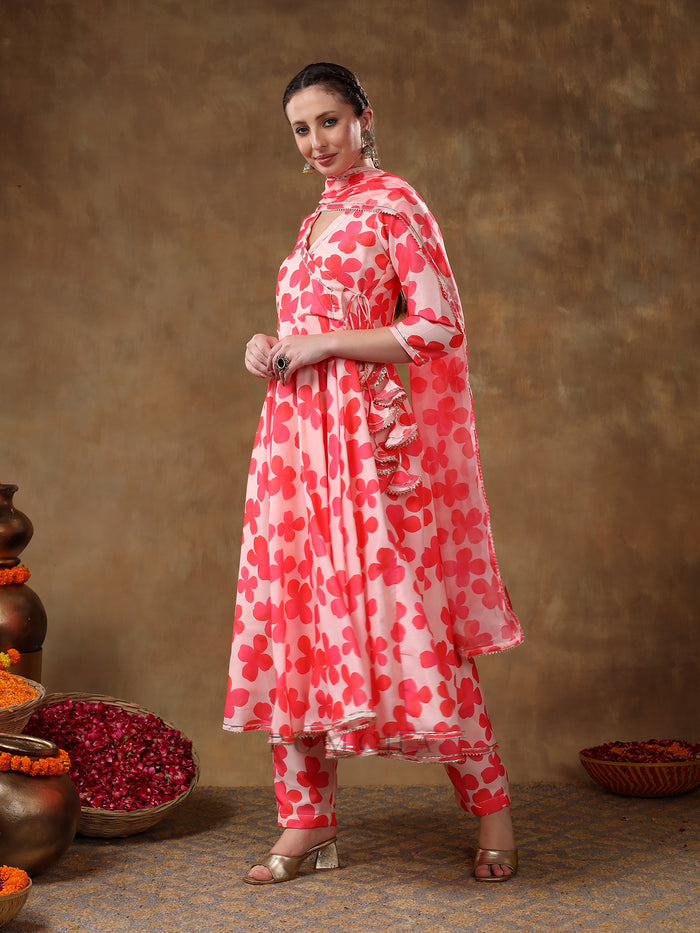 Coral Pink Angrakha Style Georgette Anarkali Set With Tassel Accent