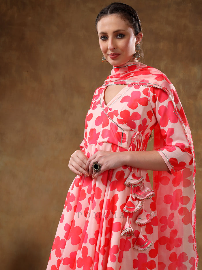 Coral Pink Angrakha Style Georgette Anarkali Set With Tassel Accent