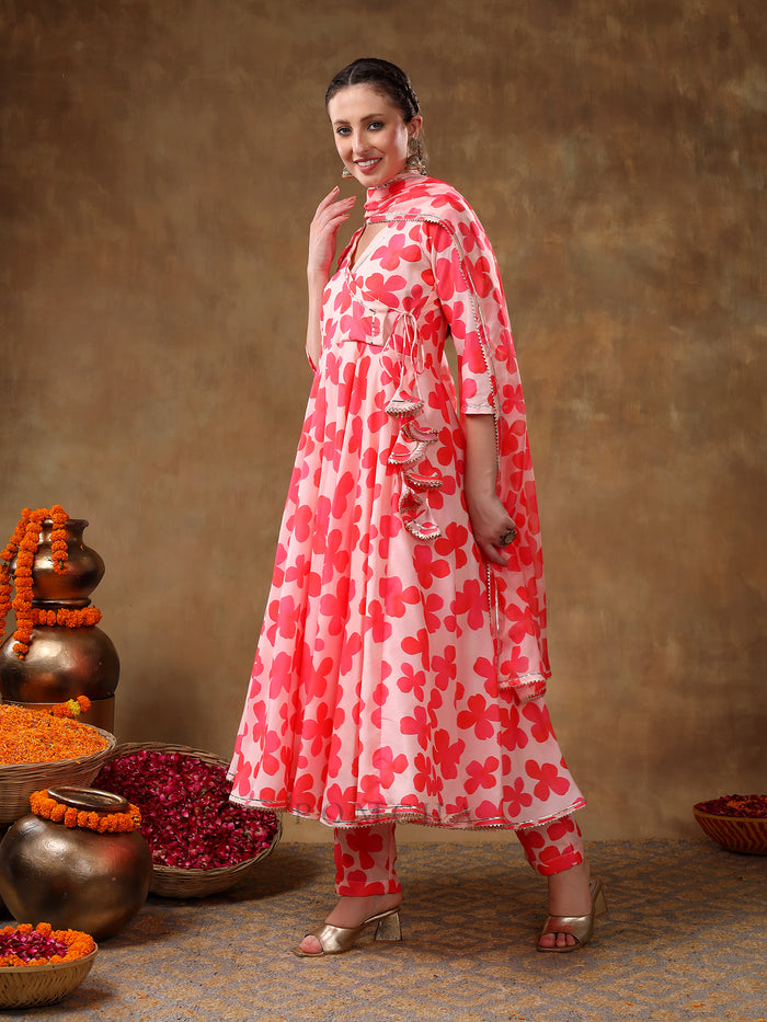 Coral Pink Angrakha Style Georgette Anarkali Set With Tassel Accent