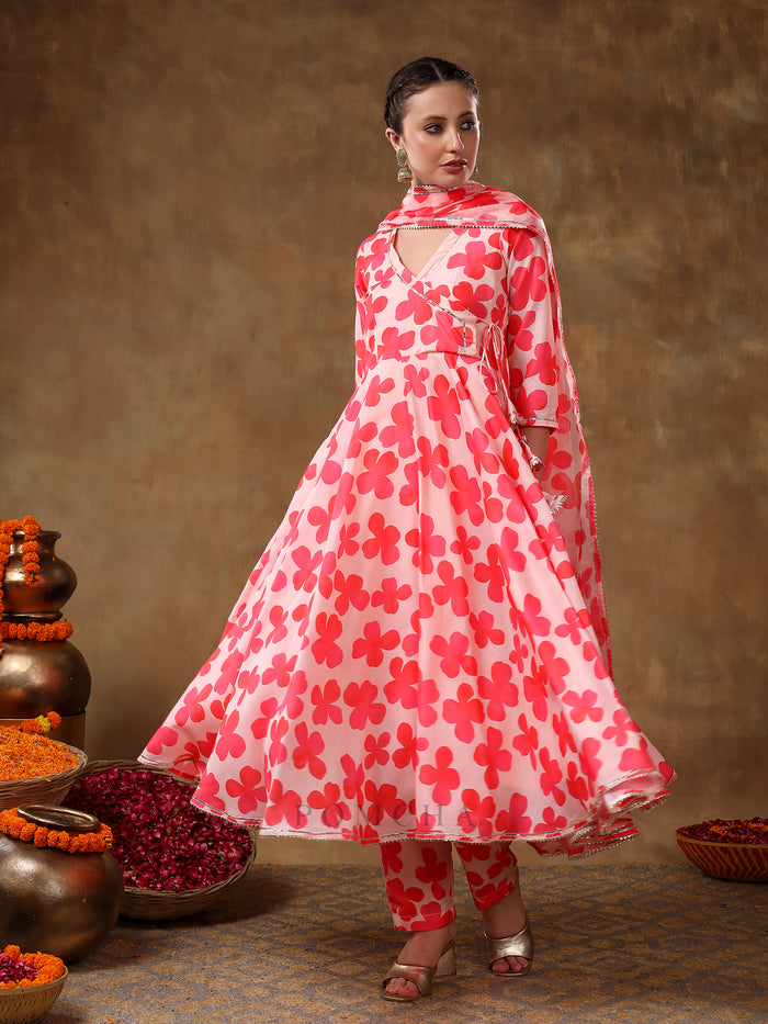 Coral Pink Angrakha Style Georgette Anarkali Set With Tassel Accent