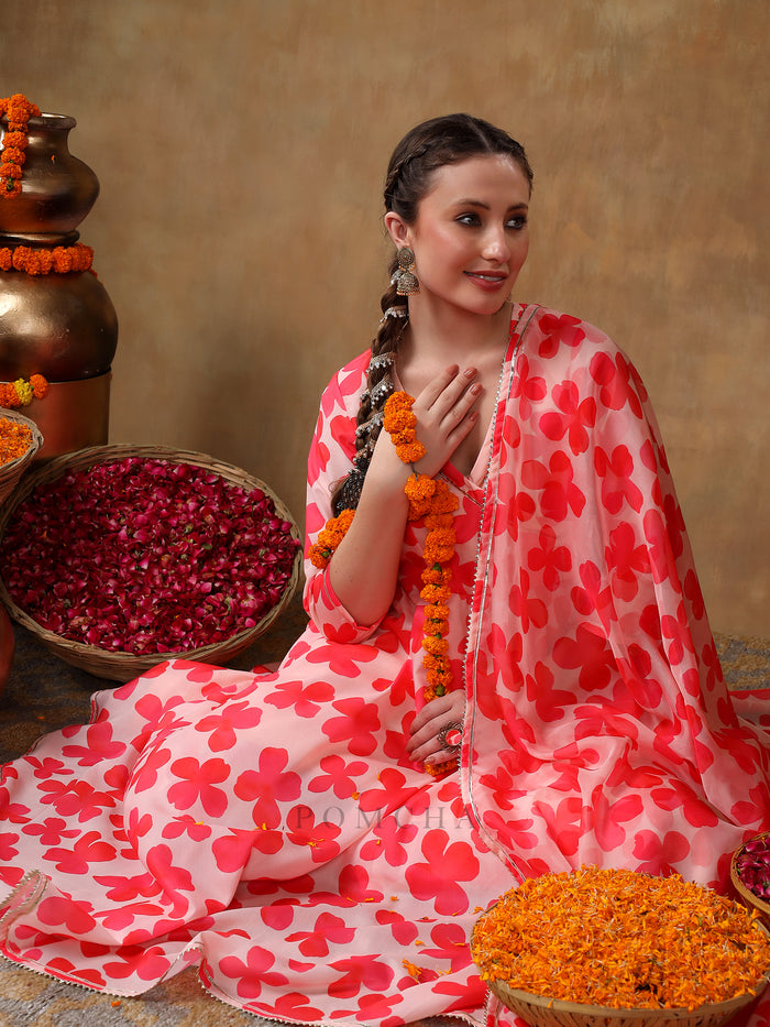 Coral Pink Angrakha Style Georgette Anarkali Set With Tassel Accent