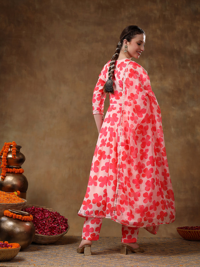 Coral Pink Angrakha Style Georgette Anarkali Set With Tassel Accent
