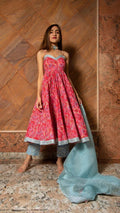 Coral Pink Floral Printed Cotton Bustier Anarkali Set With Sky Blue Dupatta
