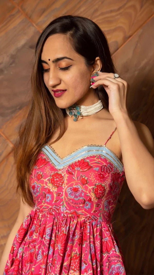 Coral Pink Floral Printed Cotton Bustier Anarkali Set With Sky Blue Dupatta