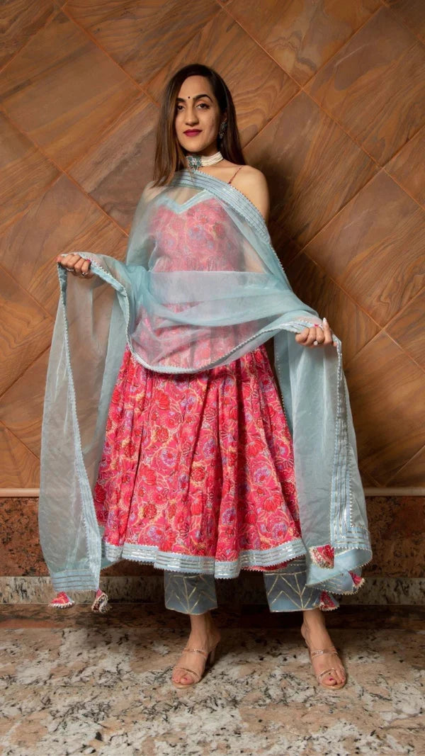 Coral Pink Floral Printed Cotton Bustier Anarkali Set With Sky Blue Dupatta