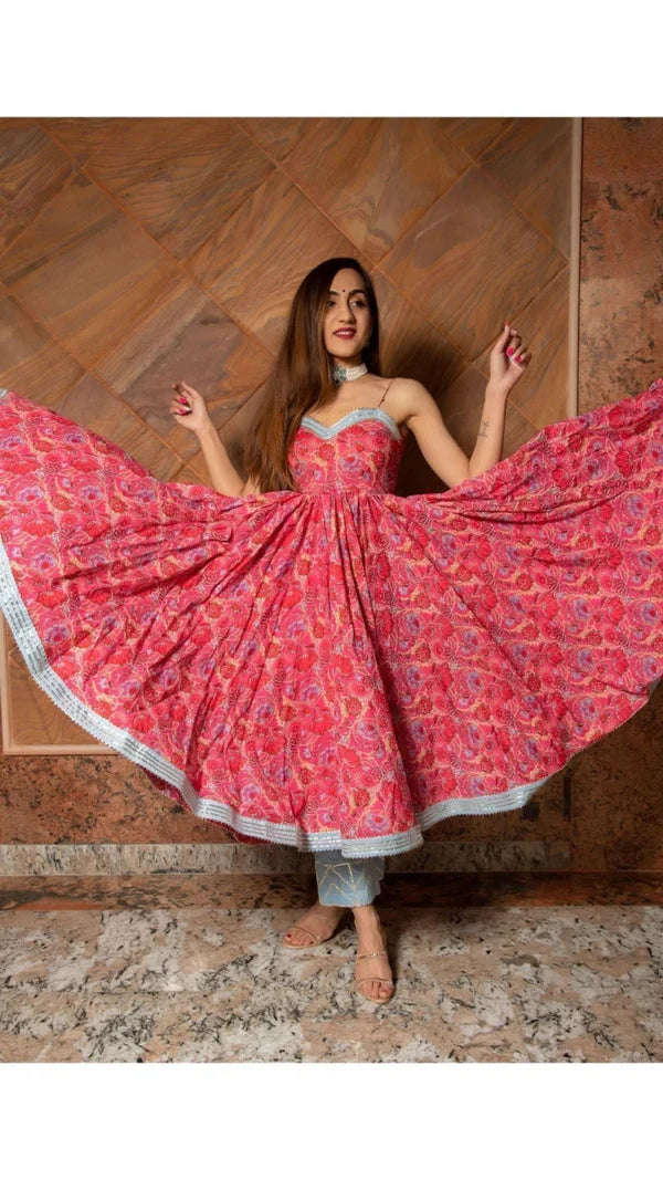 Coral Pink Floral Printed Cotton Bustier Anarkali Set With Sky Blue Dupatta