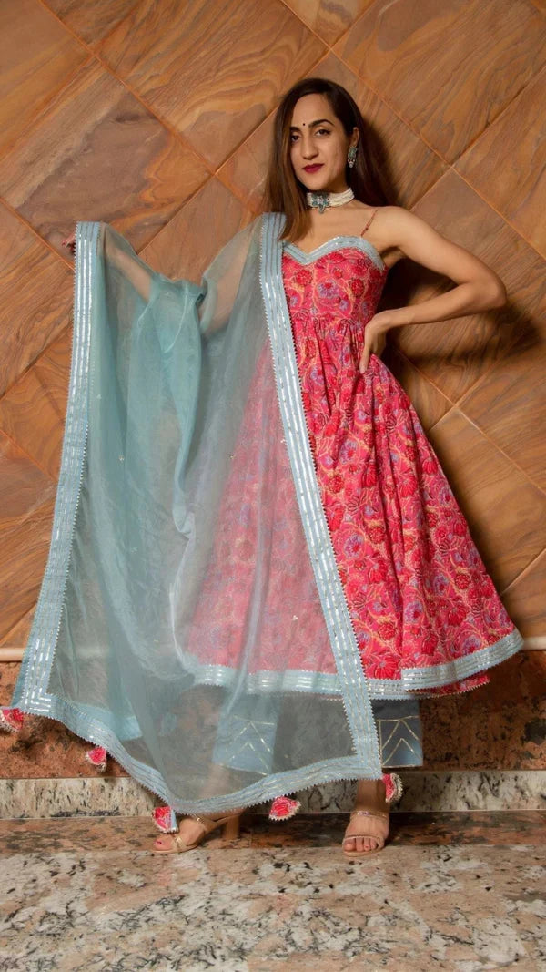 Coral Pink Floral Printed Cotton Bustier Anarkali Set With Sky Blue Dupatta