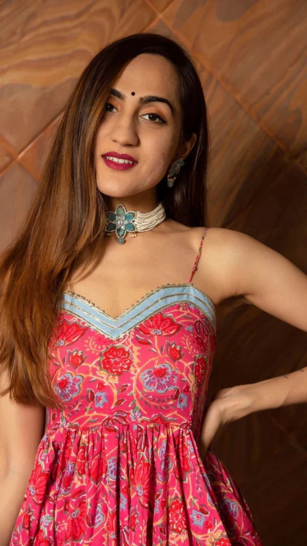 Coral Pink Floral Printed Cotton Bustier Anarkali Set With Sky Blue Dupatta