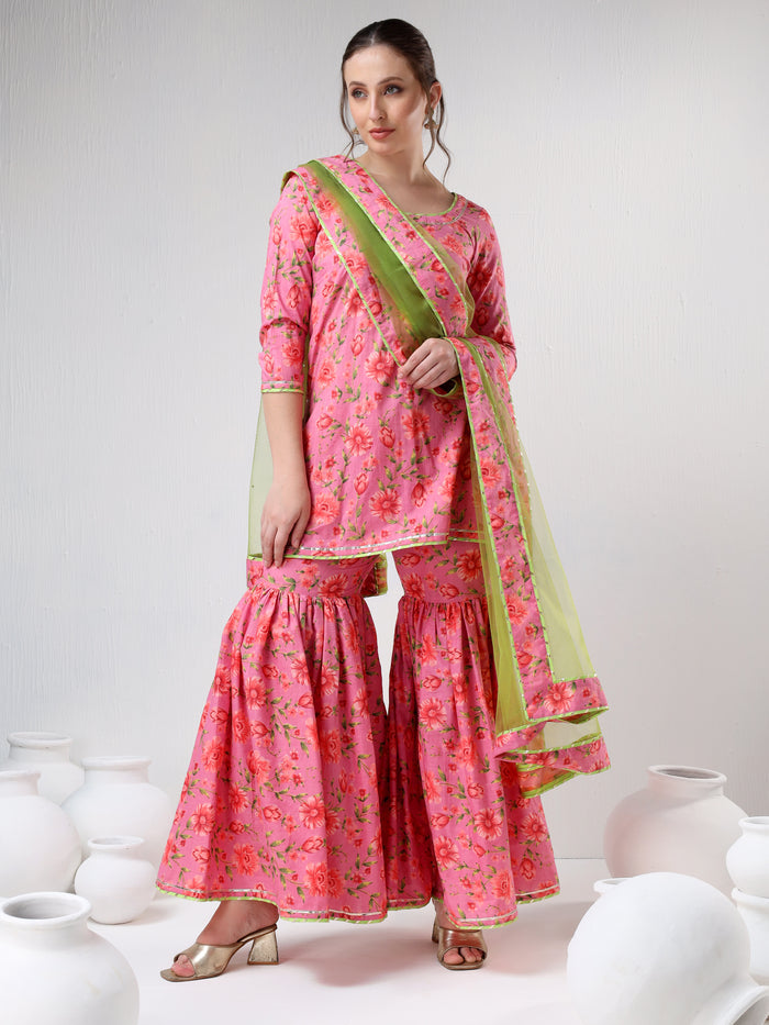 Coral Pink Floral Printed Cotton Sharara Set With Green Dupatta