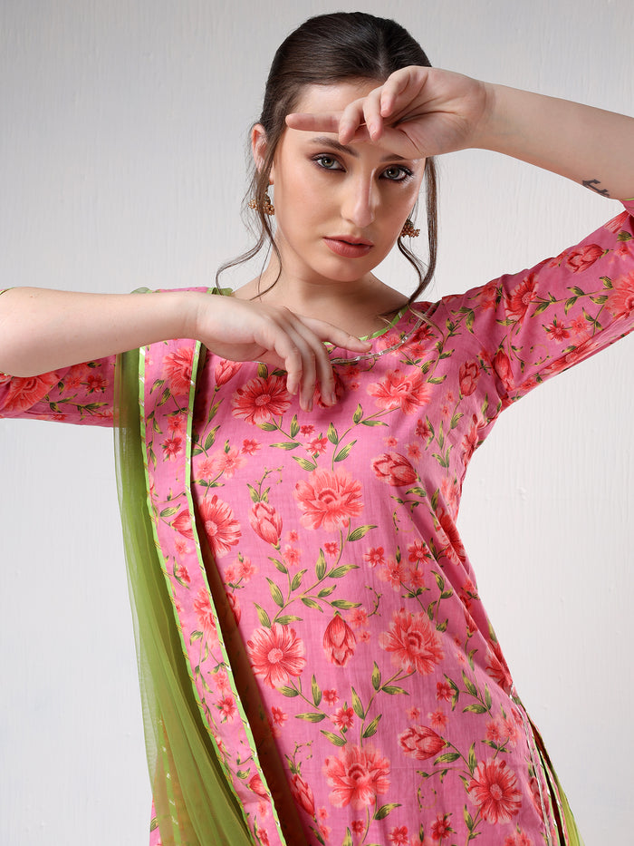 Coral Pink Floral Printed Cotton Sharara Set With Green Dupatta
