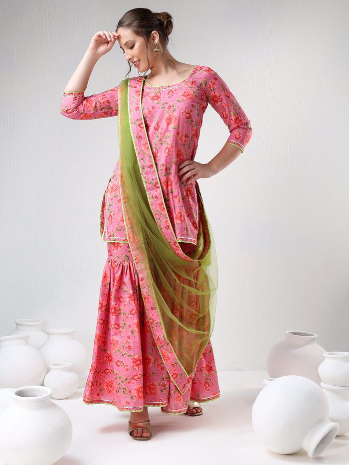 Coral Pink Floral Printed Cotton Sharara Set With Green Dupatta