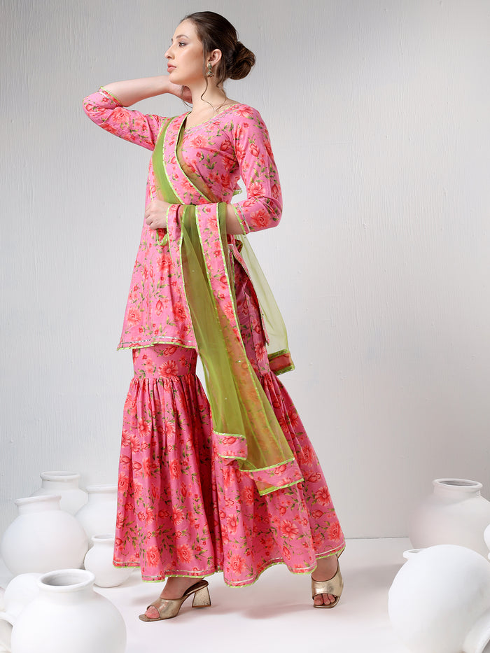 Coral Pink Floral Printed Cotton Sharara Set With Green Dupatta