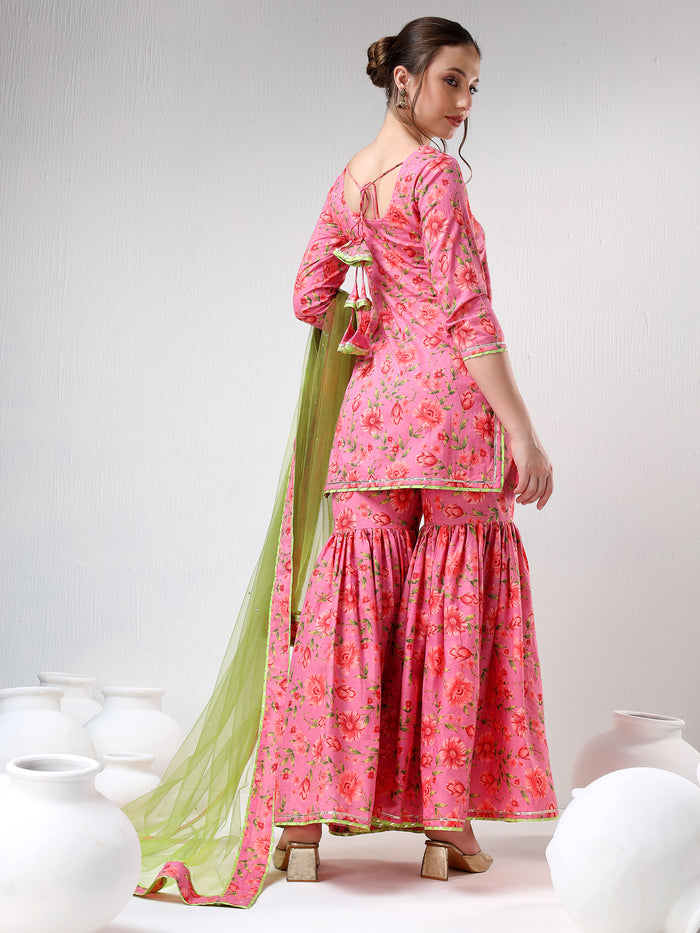 Coral Pink Floral Printed Cotton Sharara Set With Green Dupatta