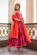 Coral Pink Floral Printed Crepe Anarkali Set With Sheer Dupatta