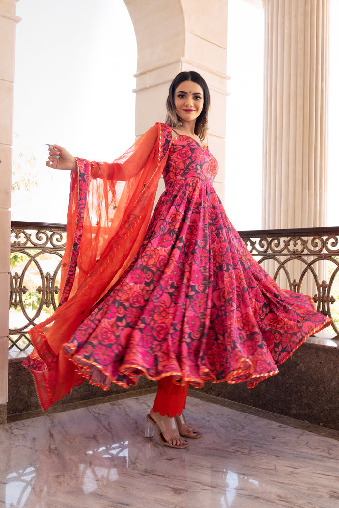 Coral Pink Floral Printed Crepe Anarkali Set With Sheer Dupatta