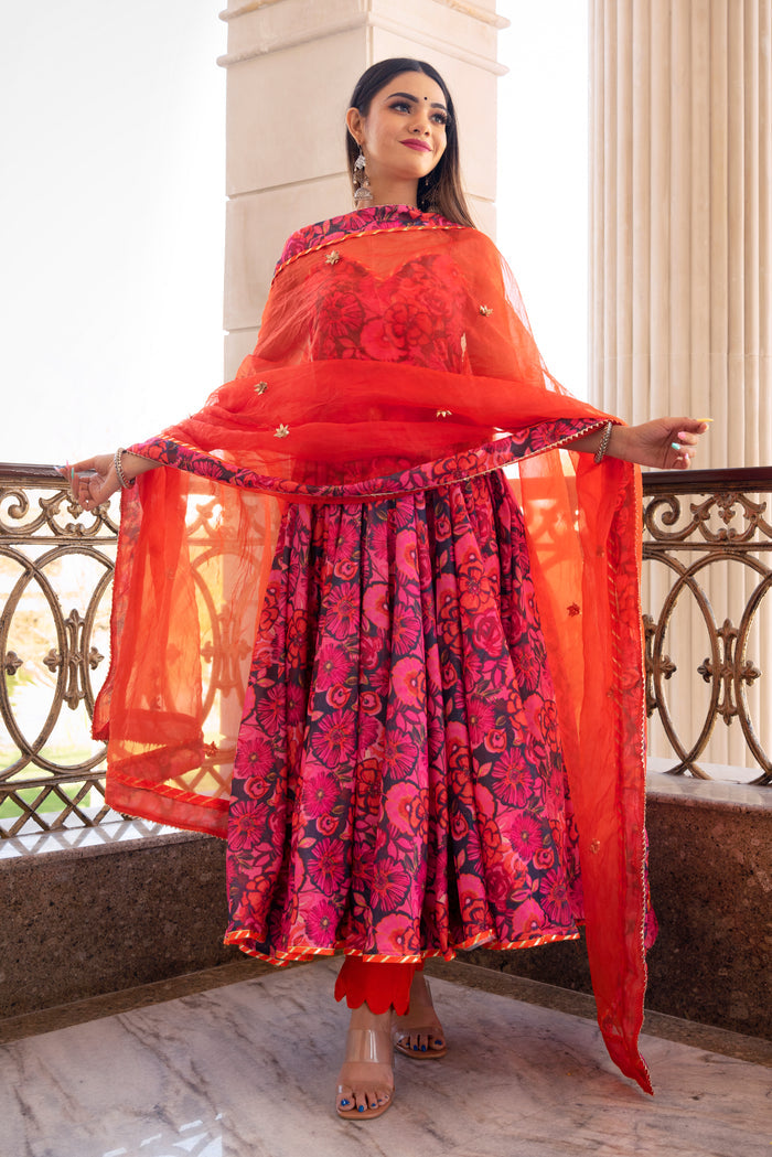 Coral Pink Floral Printed Crepe Anarkali Set With Sheer Dupatta