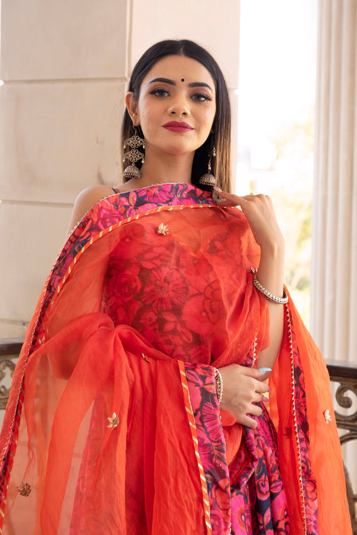 Coral Pink Floral Printed Crepe Anarkali Set With Sheer Dupatta
