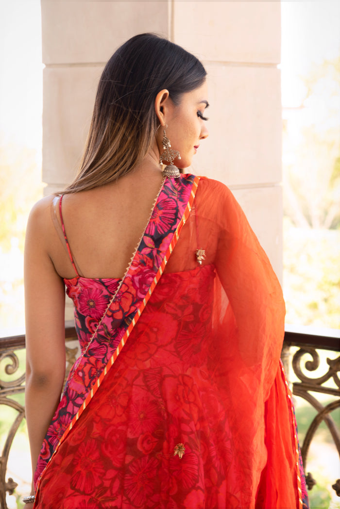 Coral Pink Floral Printed Crepe Anarkali Set With Sheer Dupatta