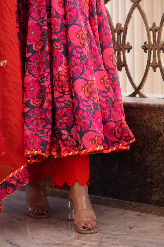 Coral Pink Floral Printed Crepe Anarkali Set With Sheer Dupatta