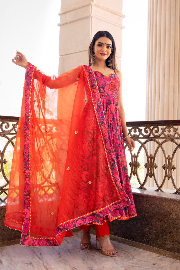 Coral Pink Floral Printed Crepe Anarkali Set With Sheer Dupatta