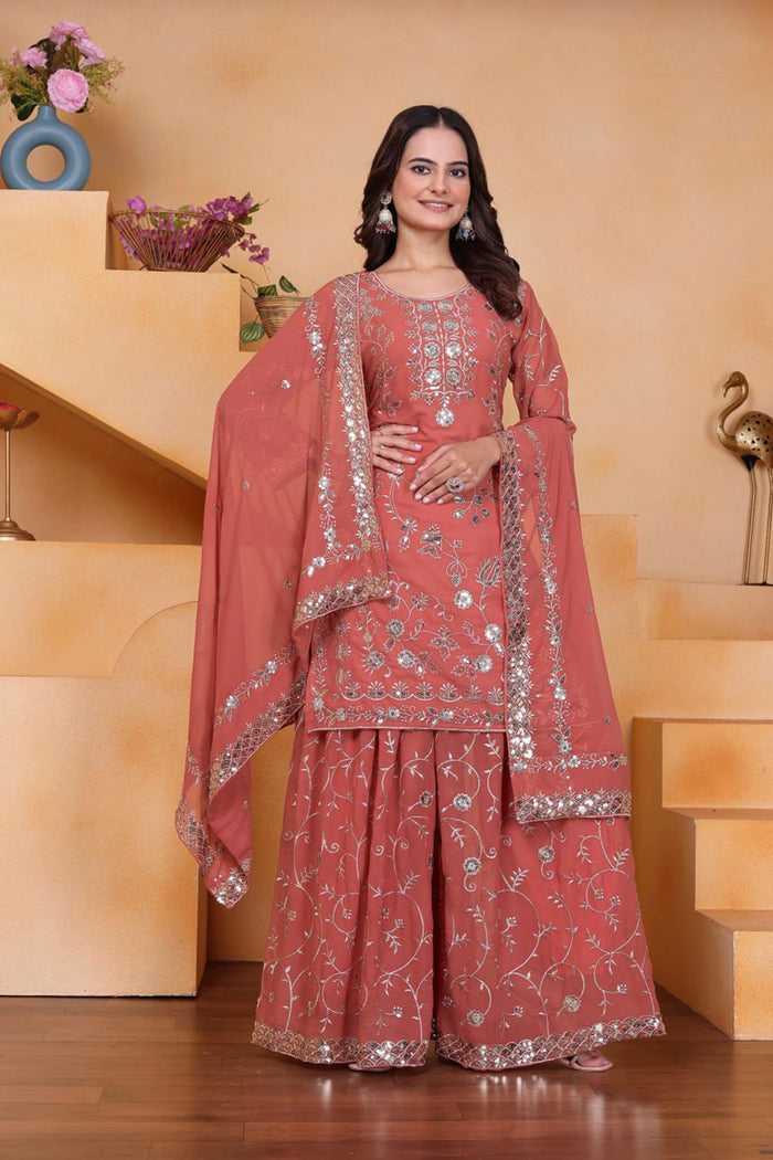 Coral Pink Georgette Embroidered Sharara Set