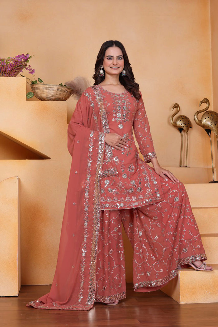 Coral Pink Georgette Embroidered Sharara Set