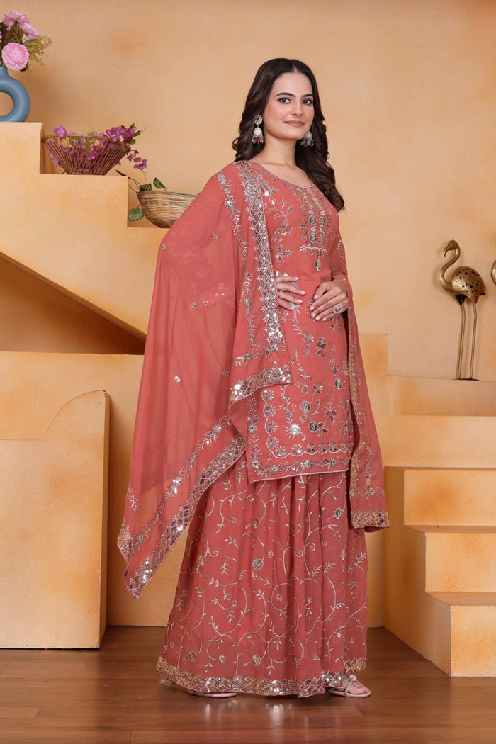 Coral Pink Georgette Embroidered Sharara Set