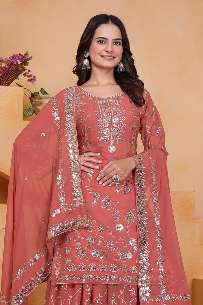 Coral Pink Georgette Embroidered Sharara Set