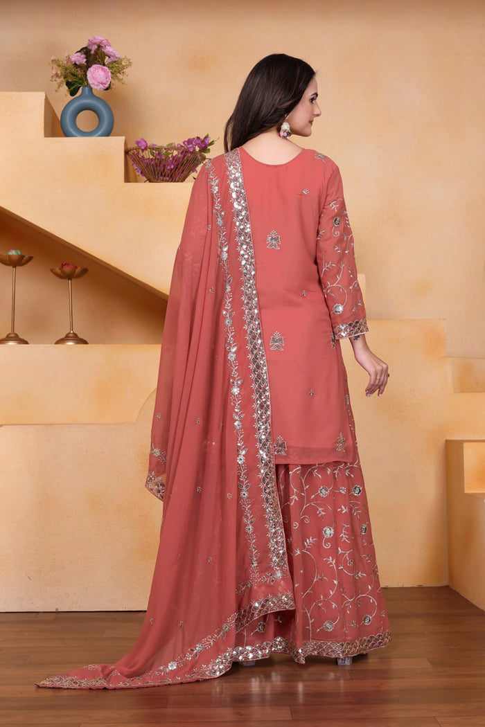 Coral Pink Georgette Embroidered Sharara Set