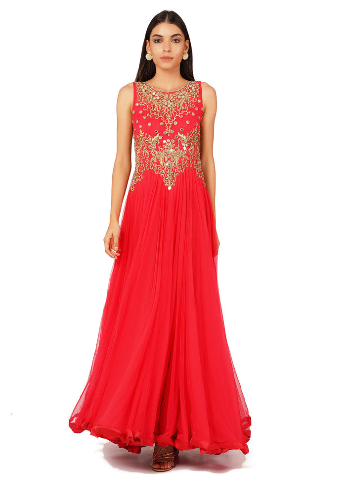 Coral Pink Gold Embroidered Net Gown