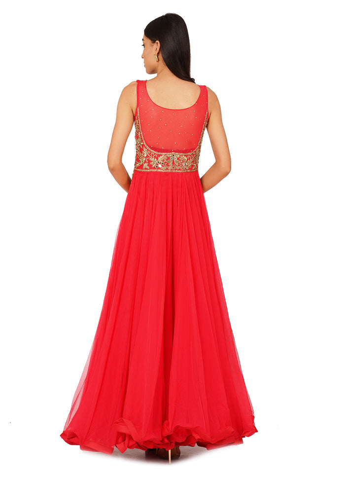 Coral Pink Gold Embroidered Net Gown