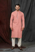 Coral Pink Jacquard Kurta Set With Shisha Work