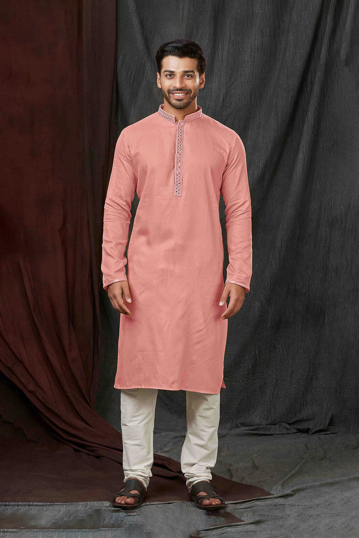 Coral Pink Jacquard Kurta Set With Shisha Work