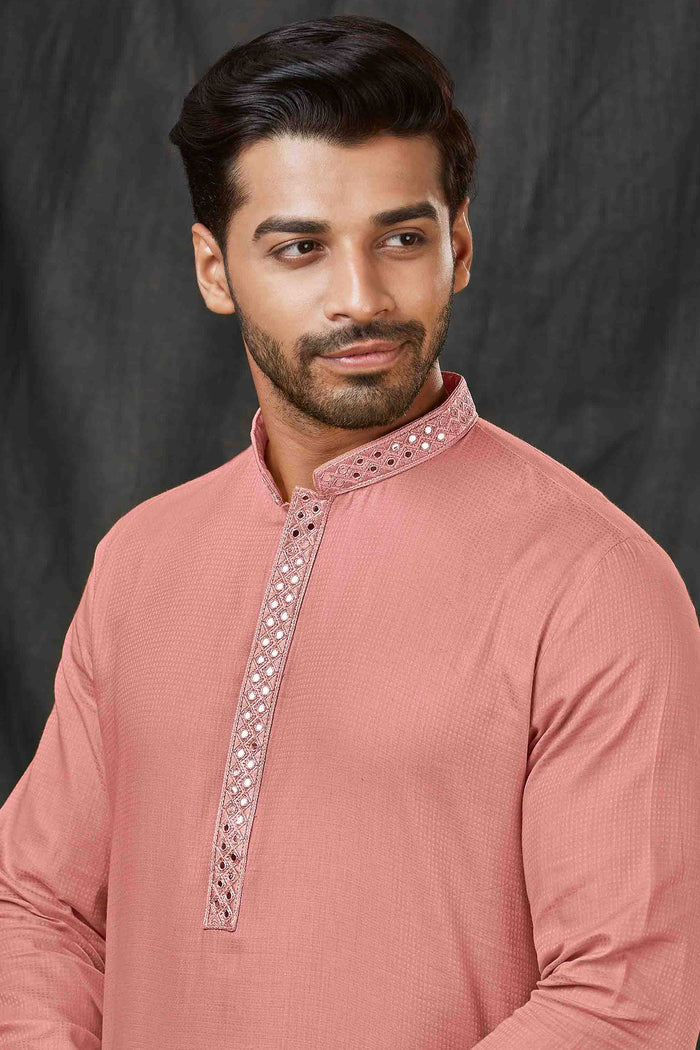 Coral Pink Jacquard Kurta Set With Shisha Work