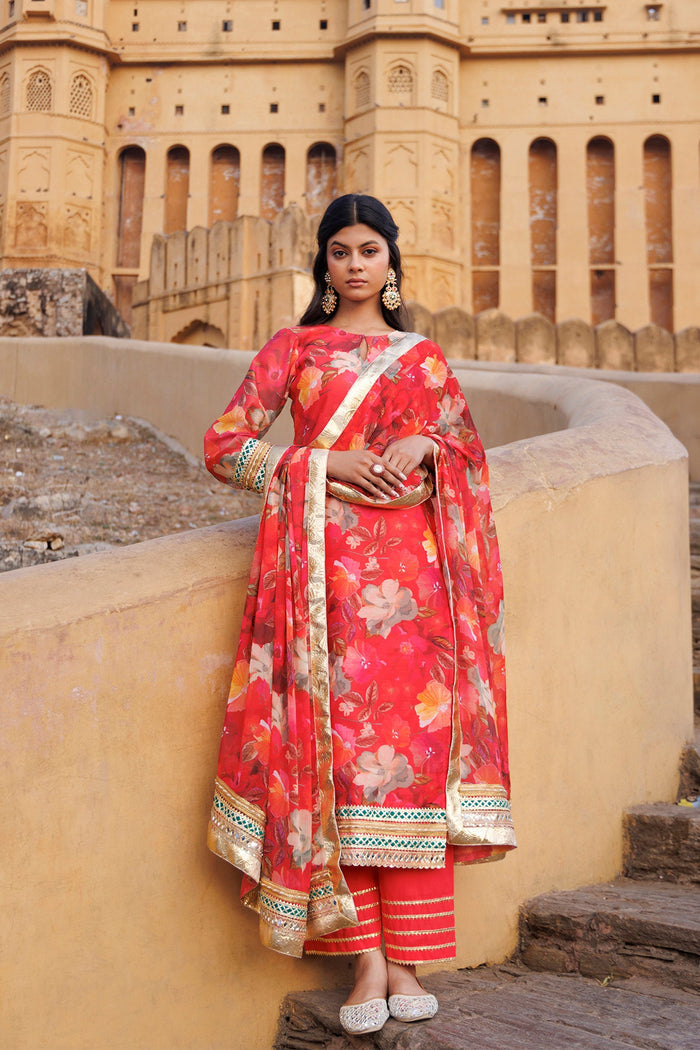 Coral Red Chanderi Kurta Set Floral Prints With Lace Work