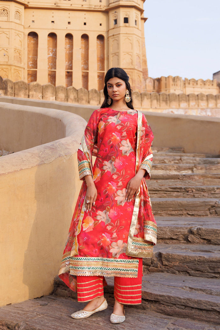 Coral Red Chanderi Kurta Set Floral Prints With Lace Work