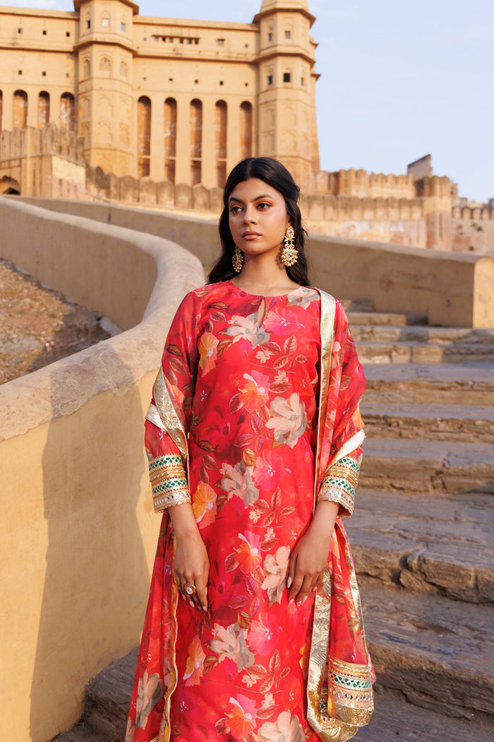 Coral Red Chanderi Kurta Set Floral Prints With Lace Work