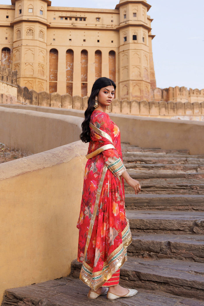 Coral Red Chanderi Kurta Set Floral Prints With Lace Work