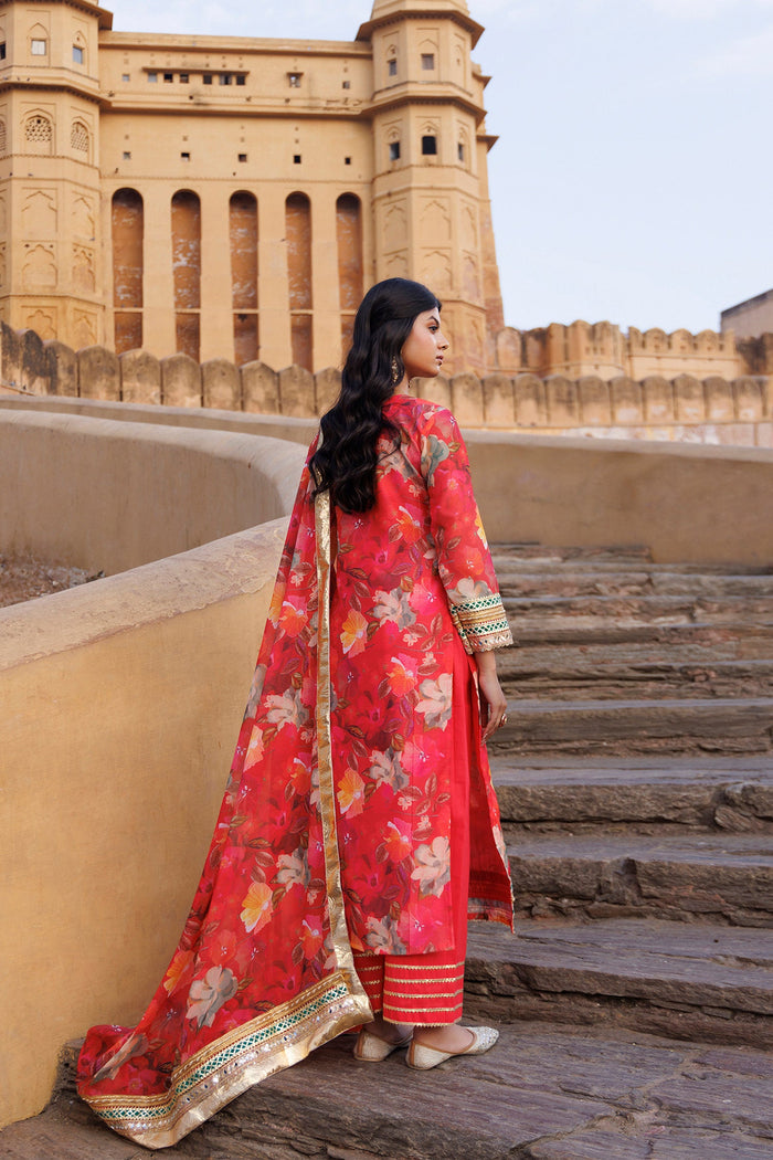 Coral Red Chanderi Kurta Set Floral Prints With Lace Work