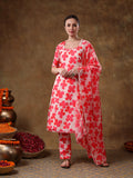 Coral Red Clover Motif Georgette Salwar Set With Fine Silver Trims