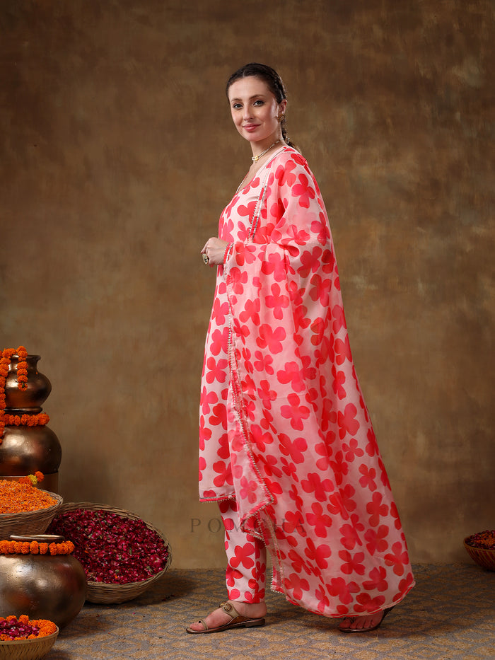 Coral Red Clover Motif Georgette Salwar Set With Fine Silver Trims