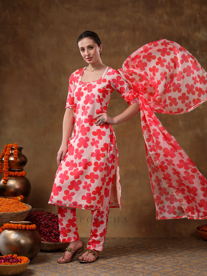 Coral Red Clover Motif Georgette Salwar Set With Fine Silver Trims