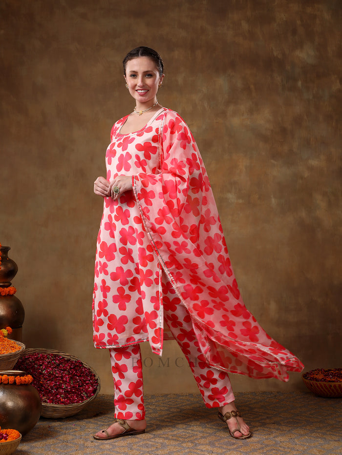 Coral Red Clover Motif Georgette Salwar Set With Fine Silver Trims