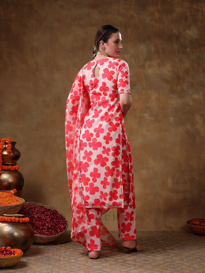 Coral Red Clover Motif Georgette Salwar Set With Fine Silver Trims