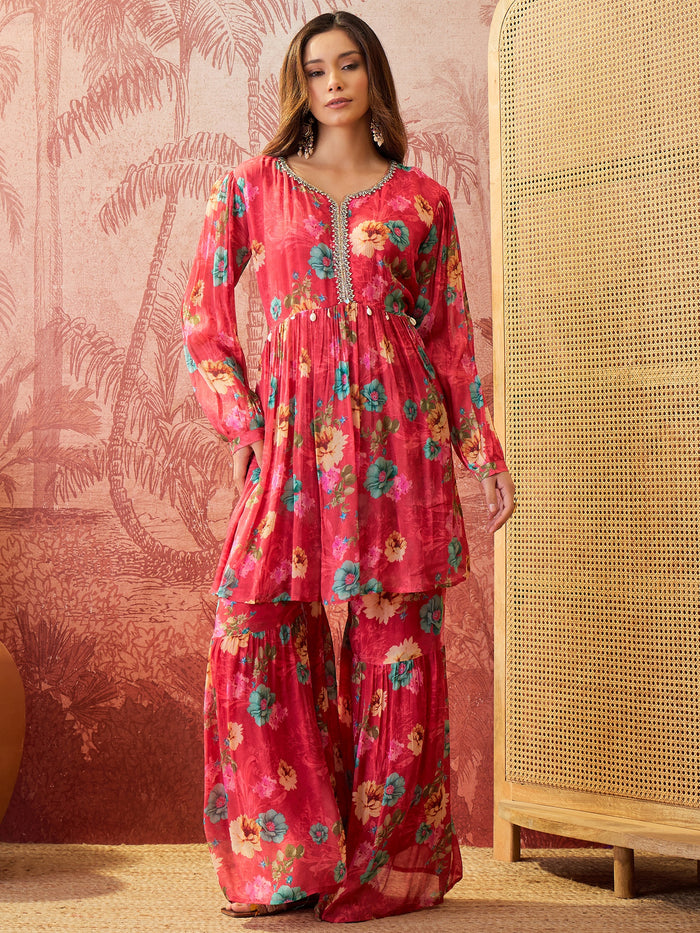 Coral Red Crepe Peplum Set