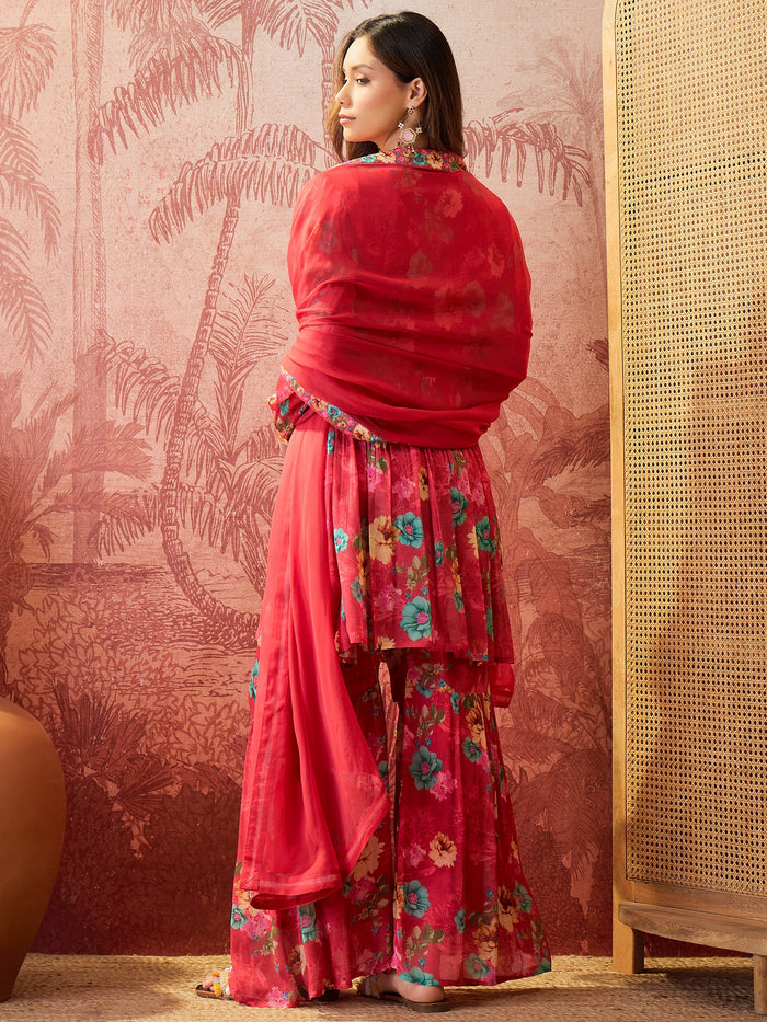 Coral Red Crepe Peplum Set