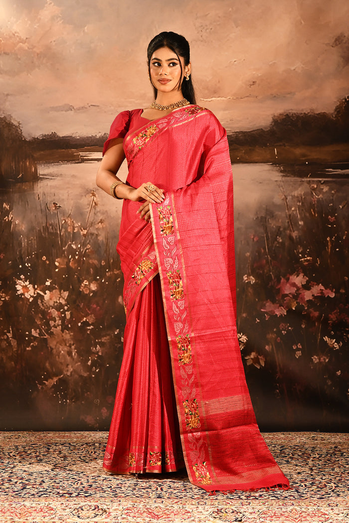 Coral Red Dotted Weave With Rose And Leaf Motif Border Designer Saree