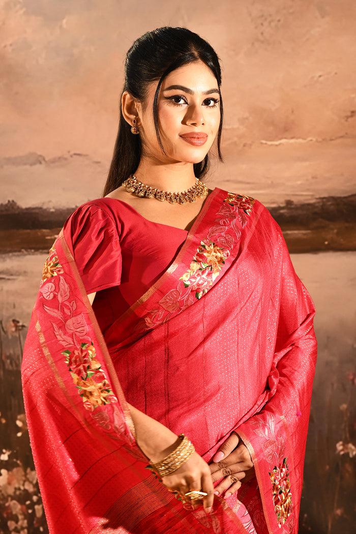 Coral Red Dotted Weave With Rose And Leaf Motif Border Designer Saree